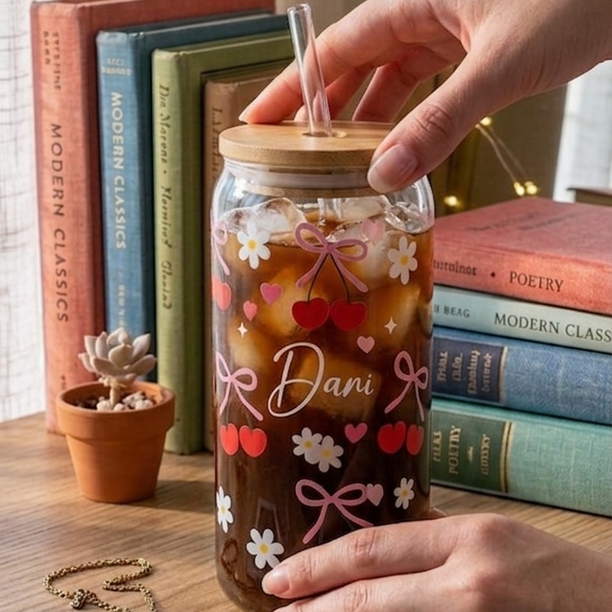 Cherry Bloom Custom Glass Can – Personalized Aesthetic Hydration Glass