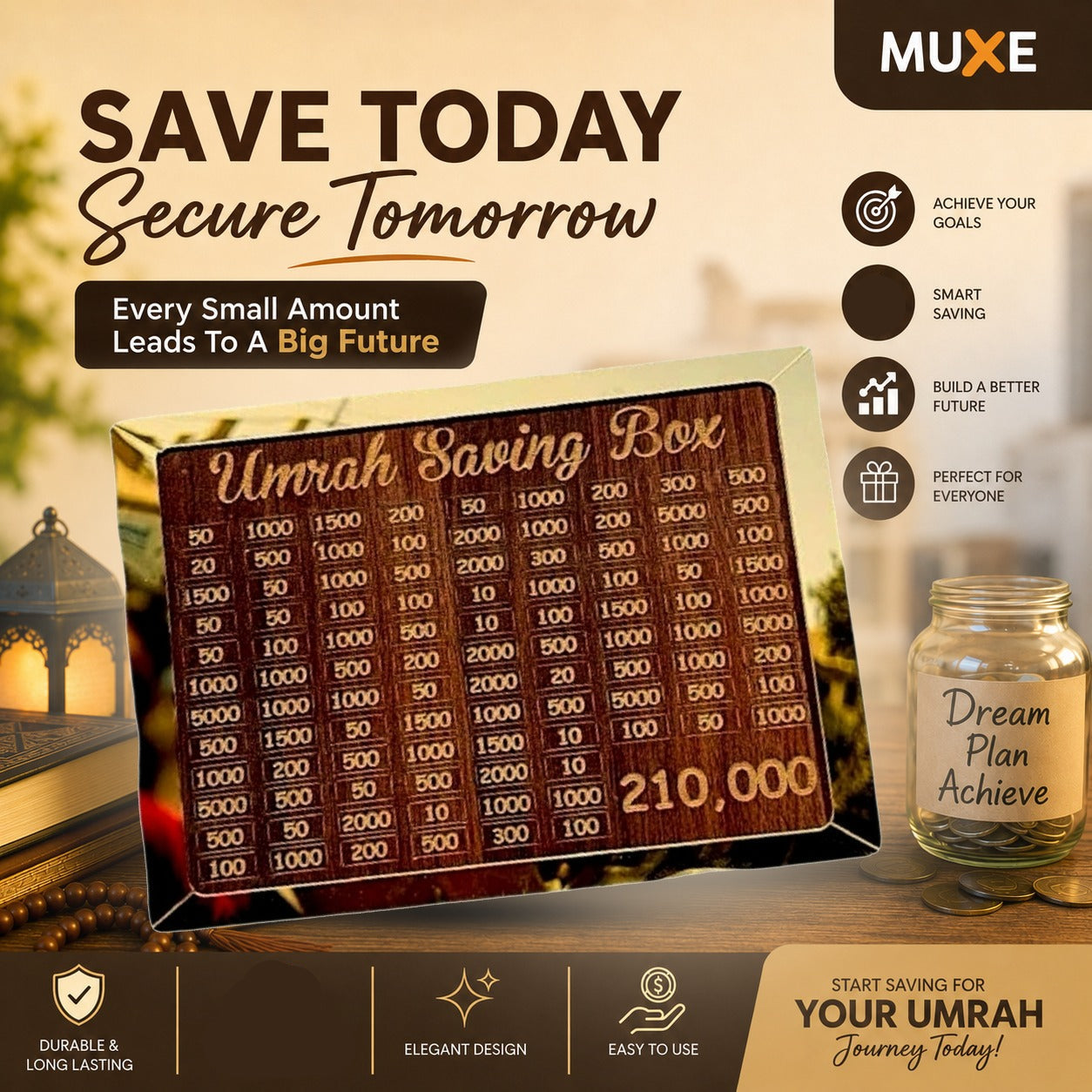 Wooden Umrah Saving Box – 210,000 Savings Goal Challenge Tracker