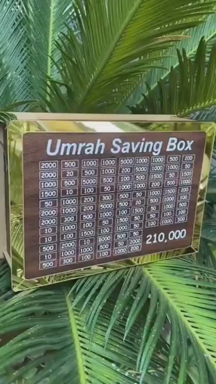 Wooden Umrah Saving Box – 210,000 Savings Goal Challenge Tracker